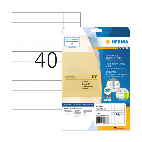 Herma 4684 étiquettes transparentes A4 52,5 x 29,7 mm (1000 étiquettes) - mat 230909 - 1