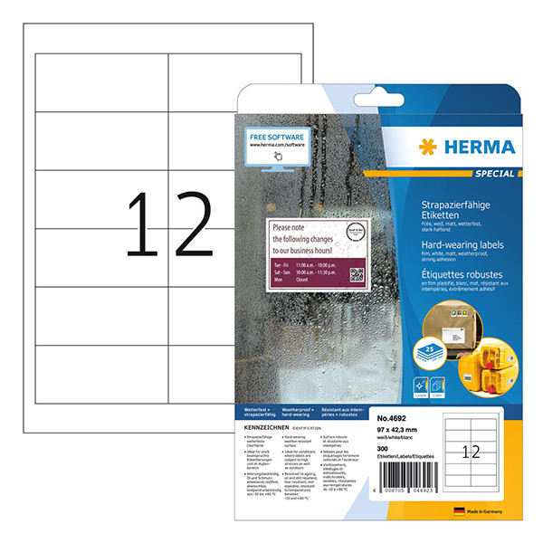 Herma 4692 étiquettes en film résistantes aux intempéries A4 97 x 42,3 mm (300 étiquettes) - blanc 230758 - 1