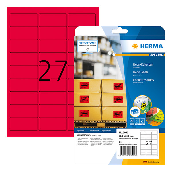 Herma 5045 étiquettes fluo A4 63,5 x 29,6 mm adhésif permanent (540 étiquettes) - rouge fluo 230522 - 1