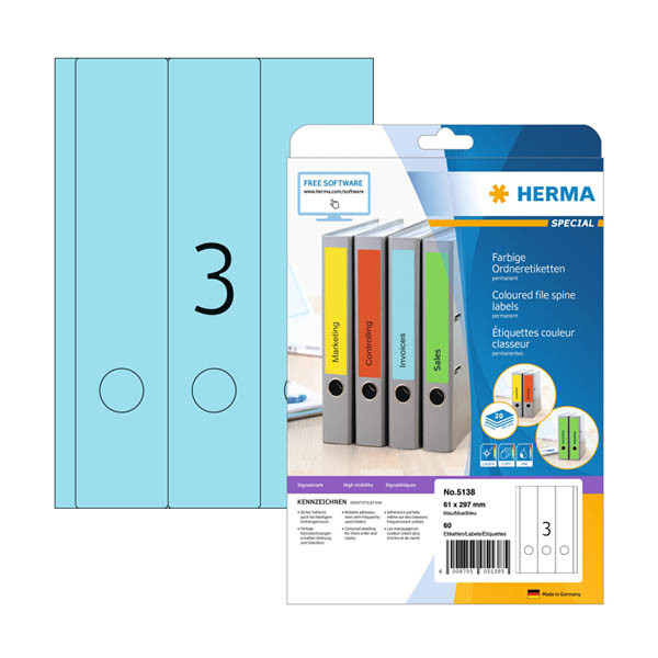Herma 5138 étiquettes de dos imprimables 61 x 297 mm A4 autocollantes larges (60 étiquettes) - bleu 230875 - 1