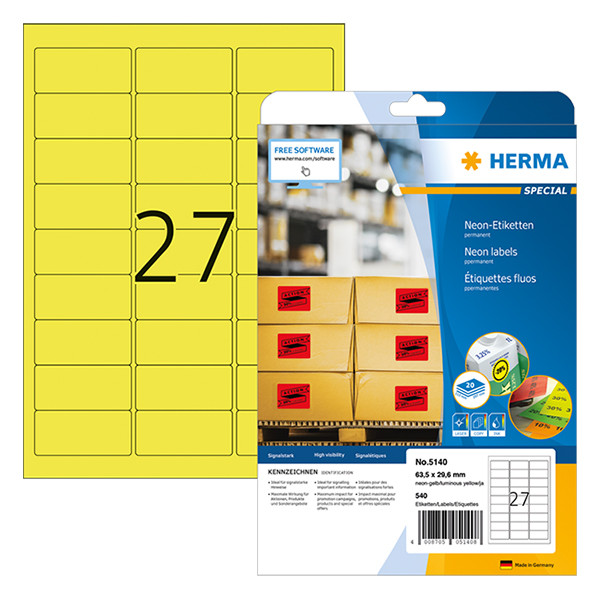 Herma 5140 étiquettes adhésives permanentes A4 63,5 x 29,6 mm (540 étiquettes) - jaune fluo 230527 - 1