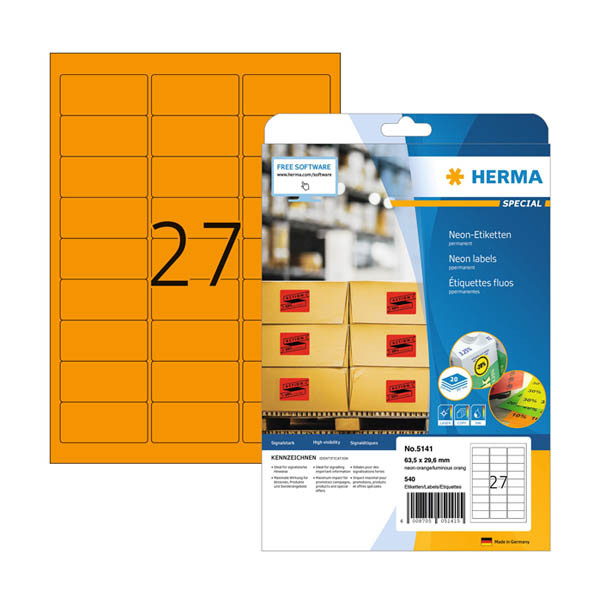 Herma 5141 étiquettes universelles A4 63,5 x 29,6 mm (540 étiquettes) - orange fluo 230866 - 1