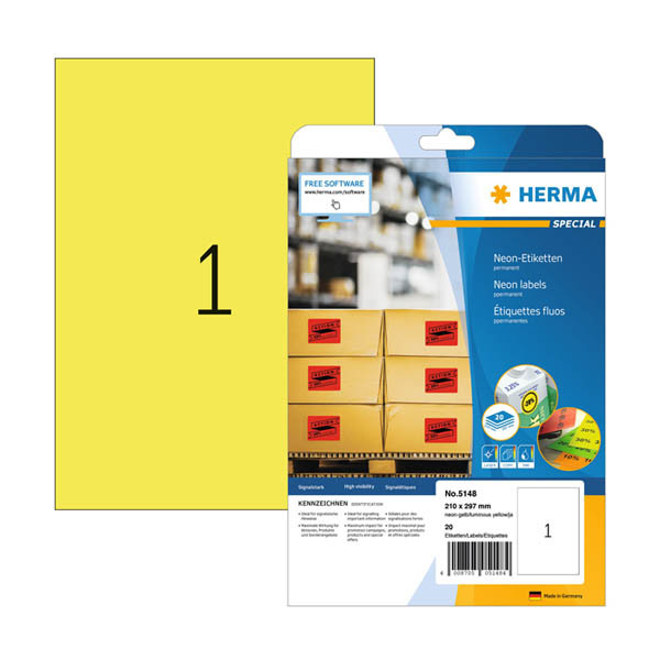 Herma 5148 étiquettes universelles A4 210 x 297 mm (20 étiquettes) - jaune fluo 230867 - 1