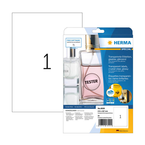 Herma 8020 étiquettes transparentes A4 210 x 297 mm (25 étiquettes) - cristalline 230858 - 1