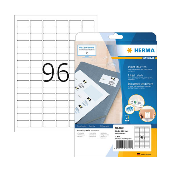 Herma 8832 étiquettes jet d'encre A4 30,5 x 16,9 mm (2400 étiquettes) - blanc 230819 - 1