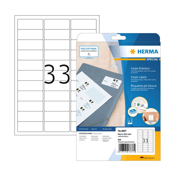 Herma 8837 étiquettes jet d'encre A4 63,5 x 25,4 mm (825 étiquettes) - blanc 230820 - 1