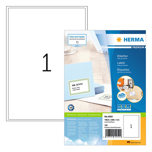 Herma Premium 4252 étiquettes adhésives permanentes A4 199,6 x 289,1 mm (100 étiquettes) - blanc 230420 - 1