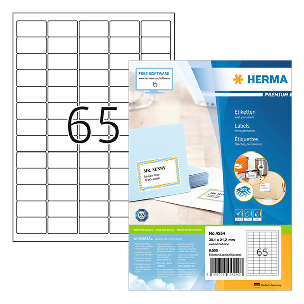 Herma Premium 4254 étiquettes adhésives permanentes A4 38,1 x 21,2 mm (6500 étiquettes) - blanc 230423 - 1