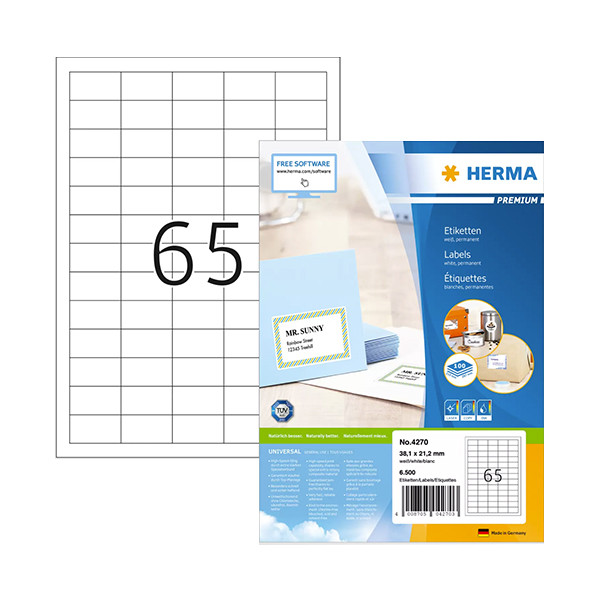Herma Premium 4270 étiquettes adhésives permanentes 38,1 x 21,2 mm (6500 étiquettes) - blanc 238362 - 1