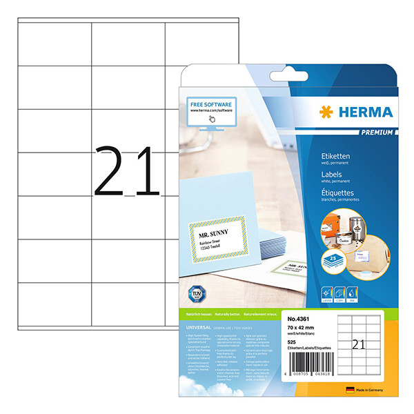 Herma Premium 4361 étiquettes adhésives permanentes A4 70 x 42 mm (525 étiquettes) - blanc 230597 - 1