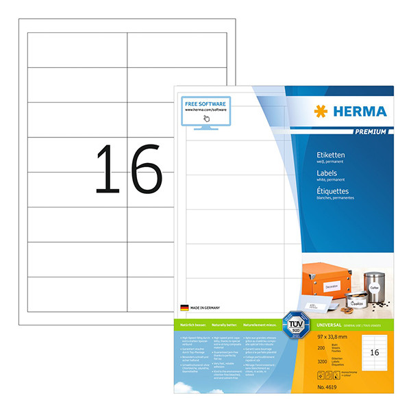 Herma Premium 4619 étiquettes adhésives permanentes A4 97 x 33,8 mm (3200 étiquettes) - blanc 230584 - 1