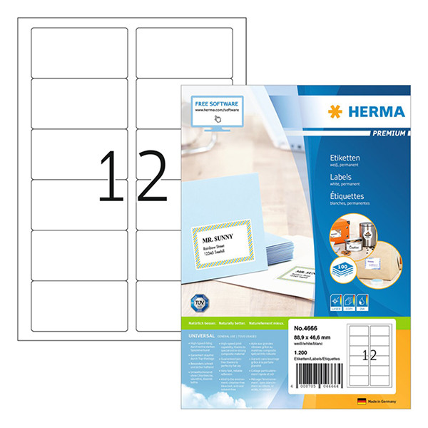 Herma Premium 4666 étiquettes adhésives permanentes A4 88,9 x 46,6 mm (1200 étiquettes) - blanc 230491 - 1