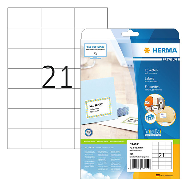 Herma Premium 8634 éÉtiquettes adhésives permanentes A4 70 x 42,3 mm (210 étiquettes) - blanc 230548 - 1