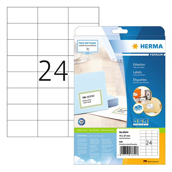 Herma Premium 8644 étiquettes adhésives permanentes A4 70 x 37 mm (240 étiquettes) - blanc 230547 - 1