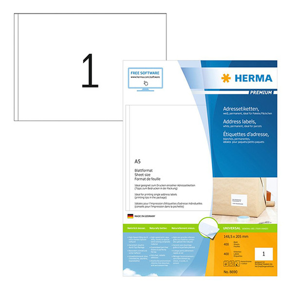 Herma Premium 8690 étiquettes adhésives permanentes 205 x 148,5 mm (400 étiquettes) - blanc 230415 - 1