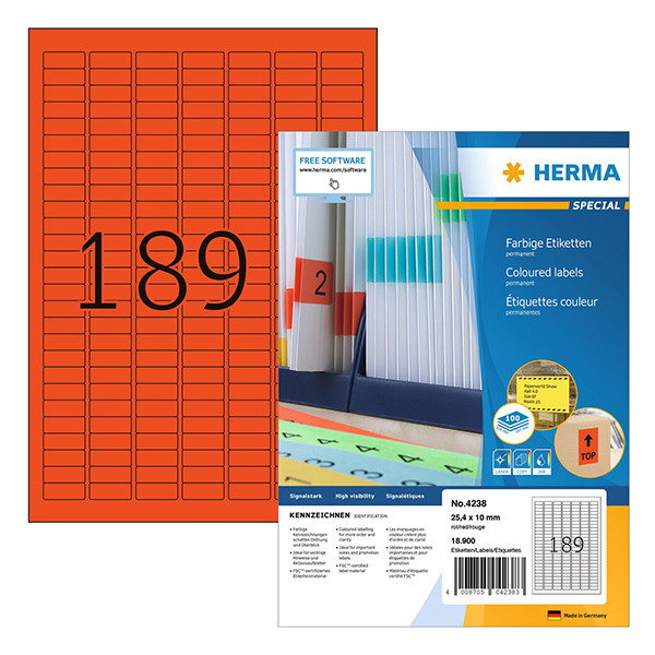 Herma Special 4238 permanent hechtende etiketten A4 25,4 x 10 mm rood (18.900 etiketten) 230795 - 1