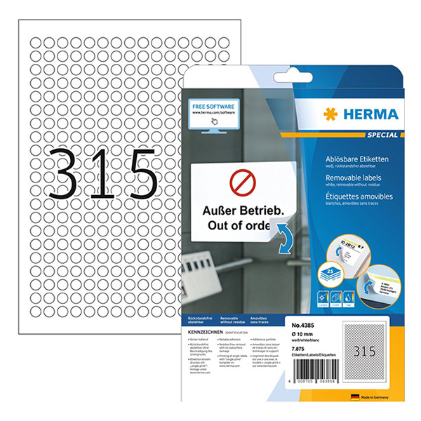 Herma Special 4385 verwijderbare etiketten A4 Ø 10 mm rond wit (7.875 etiketten) 230653 - 1