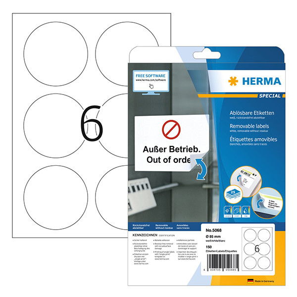 Herma Special 5068 verwijderbare etiketten A4 Ø 85 mm rond wit (150 etiketten) 230655 - 1