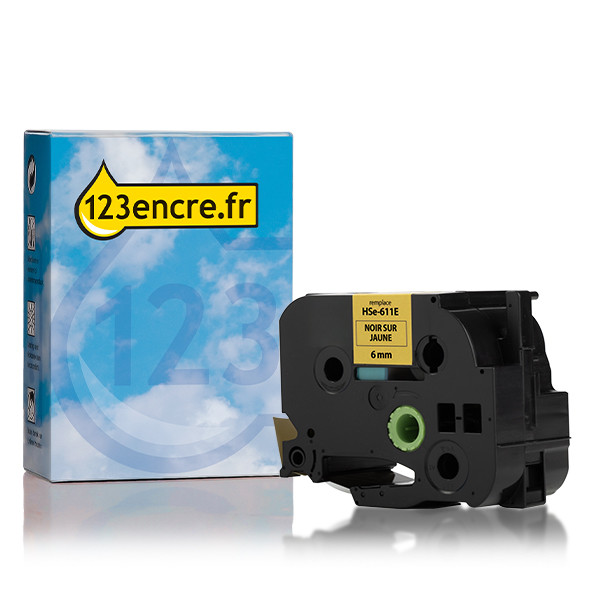 Marque 123encre remplace Brother HSe-611E ruban thermorétractable 6 mm - noir sur jaune 350637 - 1