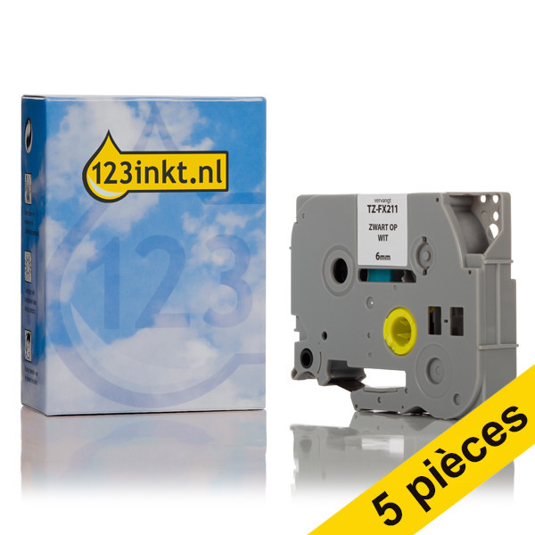Offre: Marque 123encre remplace 5x Brother TZe-FX211 Flexi ID ruban 6 mm - noir sur blanc 650697 - 1