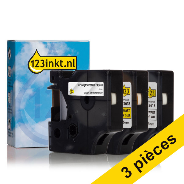 Offre : 3x marque 123encre remplace Dymo D1 lot de rubans 6 mm - noir sur blanc, noir sur transparent et noir sur jaune 089296 - 1