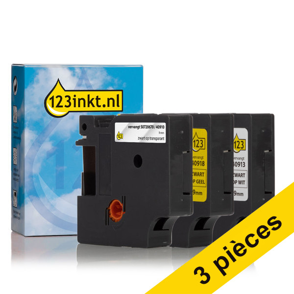 Offre : 3x marque 123encre remplace Dymo D1 lot de rubans 9 mm - noir sur blanc, noir sur transparent et noir sur jaune 089292 - 1