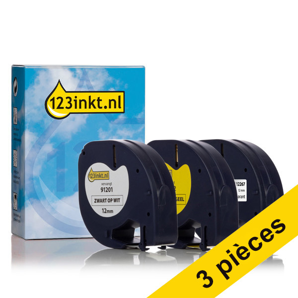 Offre : 3x marque 123encre remplace Dymo Letratag ruban 12 mm - blanc, transparent et jaune 089277 - 1
