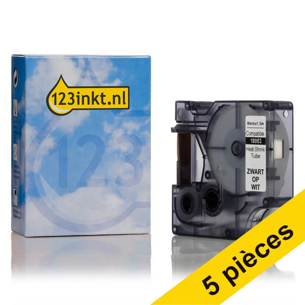 Offre : 5x Dymo S0718280/18053 IND Rhino ruban d'étiquettes thermorétractables 9 mm (marque 123encre) - noir sur blanc 653091 - 1