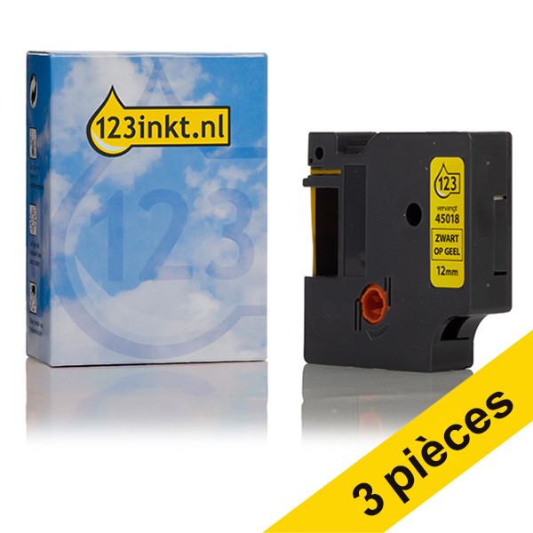 Offre : 3x Dymo S0720580/45018 ruban d'étiquettes 12 mm (marque 123encre) - noir sur jaune 089283 - 1