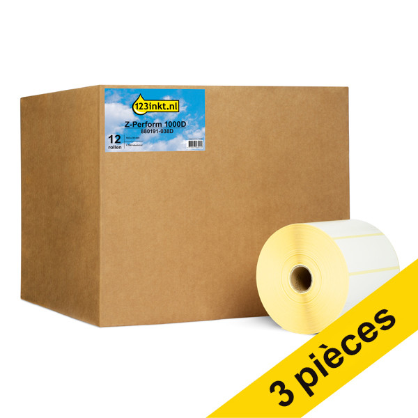 Offre : 3x Marque 123encre remplace Zebra Z-Perform 1000D étiquettes (880191-038D) 102 x 38 mm (12 rouleaux) 650715 - 1