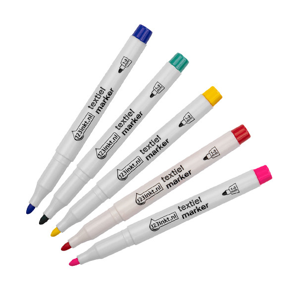 Offre : 5x 123encre marqueurs textiles couleurs tendances - bleu/vert/jaune/rouge/fuchsia 303288 - 1