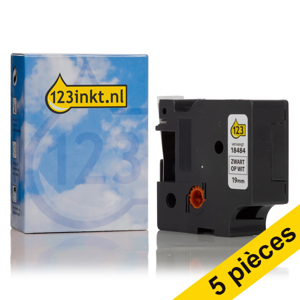 Offre : 5x Dymo S0718220/18484 IND Rhino ruban d'étiquettes permanentes polyester 19 mm (marque 123encre) - noir sur blanc 650586 - 1