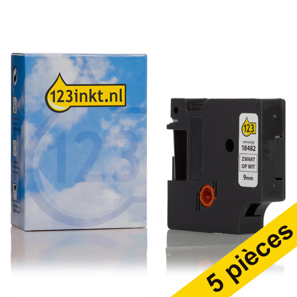 Offre : 5x Dymo S0718240/18482 IND Rhino ruban d'étiquettes permanentes polyester 9 mm (marque 123encre) - noir sur blanc 650590 - 1