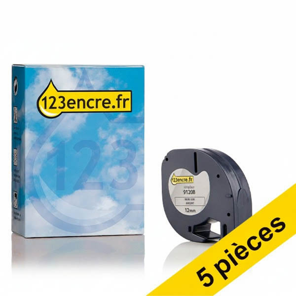 Offre : 5x Dymo S0721730/91208 ruban d'étiquettes 12 mm (marque 123encre) - argent métallisé 650569 - 1