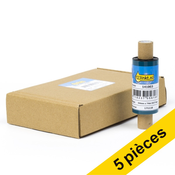 Offre : 5x marque 123encre remplace Zebra 2300 ruban de cire (02300GS06407) 64 mm x 74 m (5 rubans) 650722 - 1