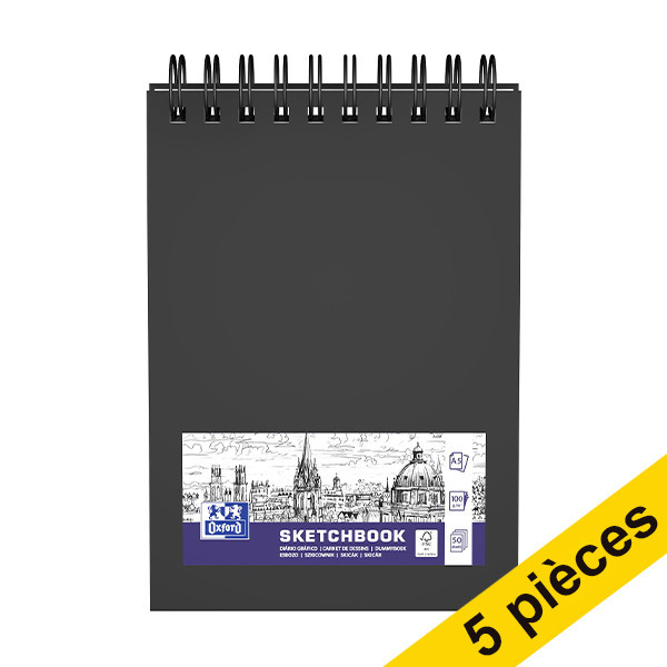 Offre : 5x Oxford bloc de croquis à spirale couverture rigide A5 100 g/m² (50 feuilles) - noir 237650 - 1