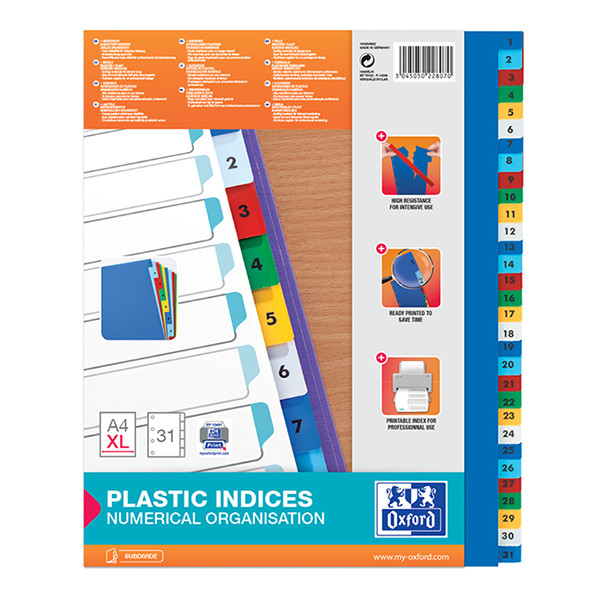 Oxford intercalaires en plastique coloré A4 XL avec 31 onglets (11 trous) 237532 - 1