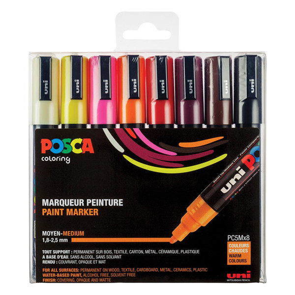 POSCA PC-5M set de marqueurs acryliques (1,8 - 2,5 mm ogive) 8 pcs - chaud 424171 - 1
