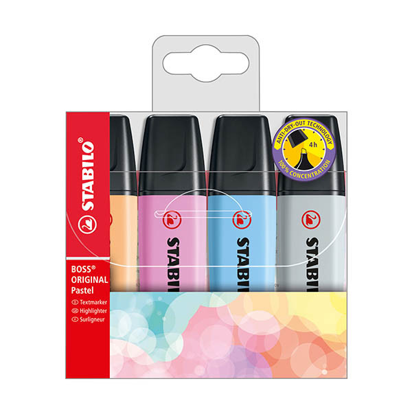 Stabilo BOSS Pastel surligneurs (orange, gris, bleu, fuchsia) 206311 - 1