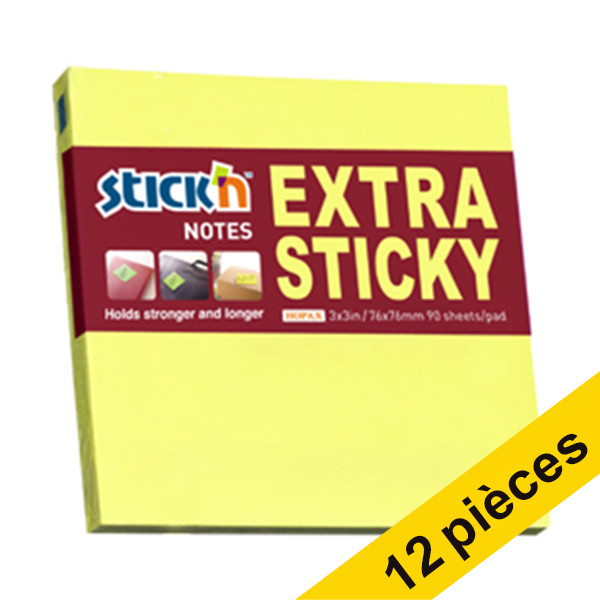 Offre : 12x Stick'n notes extra collantes 76 x 76 mm (90 feuilles) - jaune fluo 201719 - 1