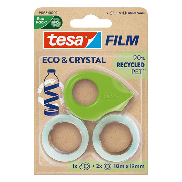 Tesa Eco & Crystal ruban adhésif 19 mm x 10 m (2 rouleaux) + dévidoir 203386 - 1