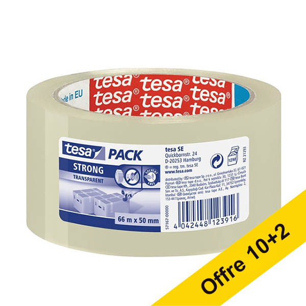 Offre : 12x Tesa Pack Strong ruban d'emballage 50 mm x 66 m (1 rouleau) - transparent 202001 - 1