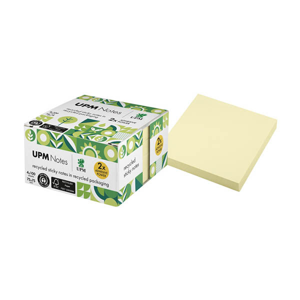 UPM notes autocollantes recyclées 75 x 75 mm (4 x 100 feuilles) - jaune 303200 - 1