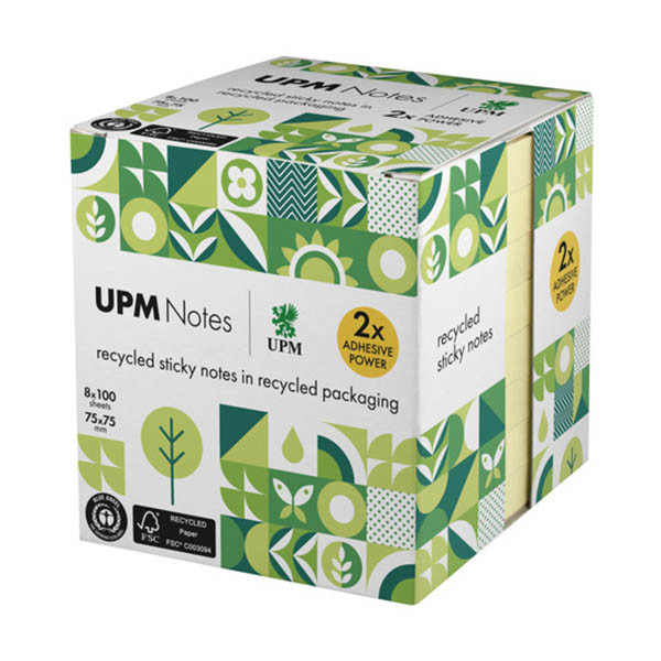 UPM notes autocollantes recyclées 75 x 75 mm (8 x 100 feuilles) - jaune 303201 - 1
